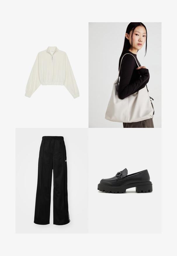 Kreemfarbenest lühikese varrukaga kudum, millel on kõrge kaelus, pool tõmblukk, elastne allosa ja varrukad, sile tekstuur ja minimaalne disain.; Mustad laiad spordipüksid elastse vöökohtaga, millel on valged külgtriibud ja väike logo vasakul puusal. Sile kangateksam.; Must have nahk loafers mustriga tallaga, dekoratiivse rihmaga ja ümarate näppudega. Sile tekstuur koos õmblusdetailidega.; Bež käekott pehme materjali, millel on lõtv disain, õmblustega detailid ja kaks õlarihma. Sobib igapäevaseks kasutamiseks.