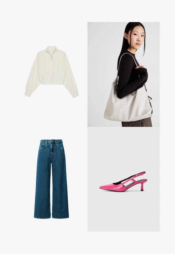 Skraćeni pulover od kremastog materijala, s visokim ovratnikom, zatvaranjem na polovicu munje, elastičnim rubom i manžetama, s glatkom teksturom i minimalnim dizajnom.; Jeans visoke struka širokih nogavica od tamnoplave denima. Ima pet džepova, petlje za remen i vidljivo šivanje duž šavova.; Ružičasta kožna slingback štikla s šiljastim vrhom, izrezbarenim detaljima i niskim potplatom. Glatka tekstura i podesivi remen sa kopčom.; Bežna torba od mekog materijala s opuštenim dizajnom, šivanim detaljima i dva remena za rame. Pogodna za svakodnevnu upotrebu.