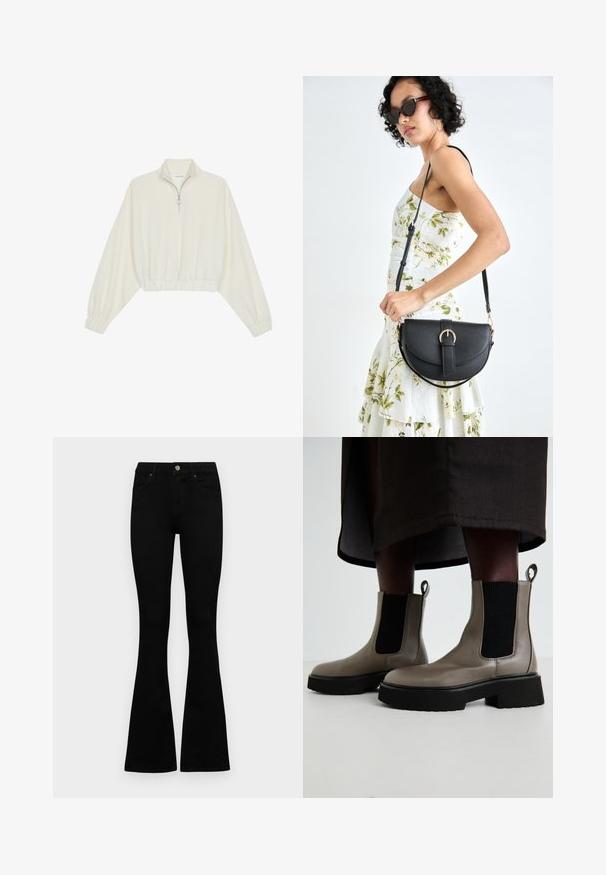 Kreptais pusītes džemperis krēmkrāsā, ar augstu apkakli, puszipa aizdari, elastīgu apakšmalu un aprocēm, ar gludu tekstūru un minimālistisku dizainu.; Melni augsta jostas šorti ar pogu un rāvējslēdzēju, priekšējām kabatām un izplestām kājām, nolikti uz balta fona.; Pelēki potītes zābaki, kas izgatavoti no teksturētas ādas, ar elastīgām sānu paneļām un masīvu melnu zoli. Ar vilkšanas cilpām vieglai uzvilkšanai.; Melnas ādas rokassoma ar izliekta formu, noņemamu siksnu un zelta aksesuāriem. Somai ir vāciņš ar sprādzes detaļu.