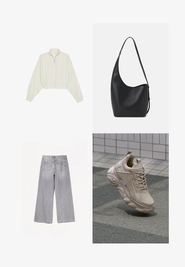 Krém színű, rövidített pulóver, magas gallérral, félig cipzáros záródással, elasztikus derék- és ujjakrésszel, sima textúrával és minimalista dizájnnal.; Bershka WIDE-LEG - Széles szárú - grey; Beige sportcipő, hálós és szintetikus felsőrésszel, párnázott bokarésszel és textúrázott kiegészítőkkel ellátott vastag talppal. A márkajelzés az oldalon látható.; Fekete bőr hobo táska sima textúrával, ívelt formával és egyetlen állítható pánttal; széles nyílás található a tetején.