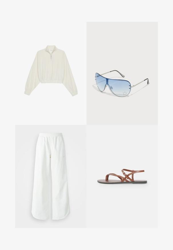 Kreminės spalvos trumpas megztinis, turintis aukštą apykaklę, pusiau užtrauktuką, elastinį apačią irRankovių kraštus, su lygiu paviršiumi ir minimalizuotu dizainu.; Balti sportiniai keliai su platėjančiomis kojomis, su įtemptu juosmeniu ir subtilia logotipo detale. Lygus audinys, laisvas kirpimas ir siaurėjantis apatinis kraštas.; Rudos odinės plokščios šlepetės su kryžminiais dirželiais, atvira pirštų dalimi ir sagtimi ant kulkšnies. Lygus paviršius ir minimalistinis stilius.; Aviatoriai akiniai su gradientiniais mėlynais objektyvais, sidabriniu metaliniu rėmu ir dekoratyvinėmis žvaigždžių akcentais ant objektyvų. Lygaus ir stilingo dizaino.