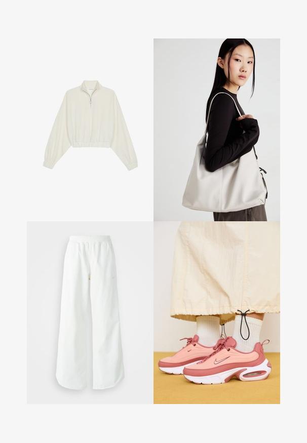 Kreptais pusītes džemperis krēmkrāsā, ar augstu apkakli, puszipa aizdari, elastīgu apakšmalu un aprocēm, ar gludu tekstūru un minimālistisku dizainu.; Baltas, platais sporta bikses ar ribotu jostasvītru un smalku logotipa detaļu. Gluda auduma ar brīvu piegriezumu un sašaurinātu apakšdaļu.; Nike sniegpēdi rozā un persiku toņos ar teksturētu dizainu, baltām zolēm un redzamu gaisa amortizāciju. Valkāti ar baltām īsām zeķēm.; Bežs rokassoma, izgatavota no mīksta materiāla, ar brīvu dizainu, izšūtu apdari un divām plecu siksnām. Piemērota ikdienas lietošanai.