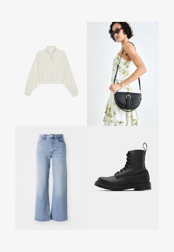 Pulover scurt din stofă crem, cu guler înalt, închidere cu fermoar pe jumătate, elastic la margini și la manșete, cu o textură netedă și un design minimalist.; Jeans wide-leg de culoare albastru deschis cu talie înaltă, dotate cu buzunare frontale și spate, închidere cu buton și decolorare subtilă pe coapse și margini.; Cizmă de luptă din piele neagră, cu vârf rotund, șireturi în față și o bandă de tragere la gleznă. Dispune de o talpă groasă din cauciuc pentru durabilitate.; Geantă din piele neagră, cu o formă curbată, curea detașabilă și accesorii aurii. Geanta are un capac cu un detaliu tip cataramă.