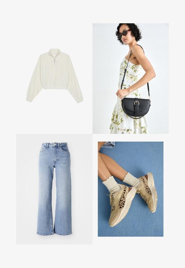 Kort genser i kremfarget stoff, med høy krage, halv glidelås, elastisk nederste kant og mansjetter, med en glatt tekstur og minimalistisk design.; Lyseblå høyt liv vide jeans med front- og baklommer, knappelukking og subtile falminger på lårene og kanten.; Beina krysset iført beige Puma-sneakers med leopardmønstrede striper og kremfargede sokker med volanger på et blått teppebelagt gulv.; Svart lærveske med en buet form, avtagbar stropp og gullbeslag. Vesken har et klaff med spenne-detall.