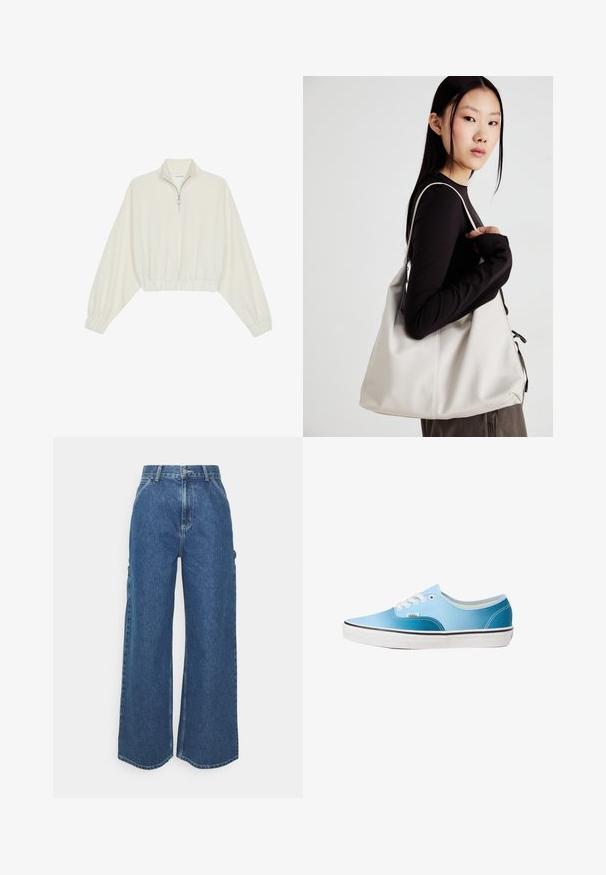Gerippter Pullover aus cremefarbener Baumwolle mit hohem Kragen, halbem Reißverschluss, elastischen Säumen und Bündchen, glatter Textur und minimalistischem Design.; Weite blaue Denim-Hosen mit hoher Taille, kontrastierenden Nähten und Seitentaschen, ausgestattet mit einem klassischen Five-Pocket-Design und rohen Säumen.; Vans AUTHENTIC - Sneaker low - blue coral gradient; Beige Handtasche aus weichem Material, mit einem lässigen Design, gesteppten Details und zwei Schulterriemen. Geeignet für den täglichen Gebrauch.