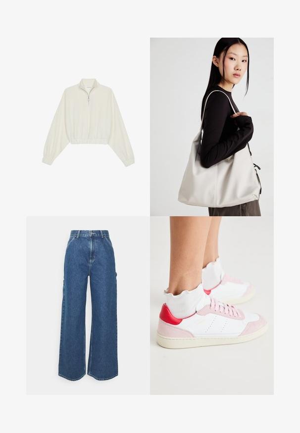 Pullover court en tissu crème, avec un col haut, fermeture éclair à mi-hauteur, ourlet et poignets élastiqués, offrant une texture lisse et un design minimaliste.; Pantalons en denim bleu à jambes larges avec taille haute, couture contrastée et poches latérales, présentant un design classique à cinq poches et des ourlets bruts.; Baskets blanches avec des détails en daim rose sur les bout et le talon, une languette de talon rouge, et une chaussette blanche texturée avec un bord froncé.; Sac à main beige en matériau souple, avec un design décontracté, des détails cousus et deux poignées. Idéal pour un usage quotidien.