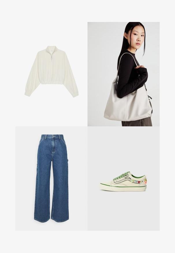 Zkrátený pulover z krémového materiálu, s vysokým golierom, polovičným zipsom, elastickým lemom a manžetami, s hladkou textúrou a minimalistickým dizajnom.; Dlhé modré džínsy so širokými nohavicami a vysokým pásom, s kontrastným prešívaním a bočnými vreckami, s klasickým dizajnom piatich vreciek a surovými lemami.; Vans OLD SKOOL COCONA - Tenisky - cream; Béžová kabelka vyrobená z mäkkého materiálu, s uvoľneným dizajnom, prišitými detailmi a dvoma popruhmi na nosenie na pleciach. Vhodná na každodenné nosenie.