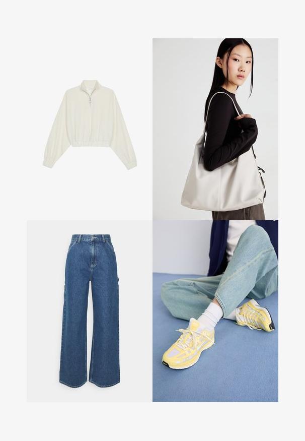 Cropped pullover in cream fabric, featuring a high collar, half-zip closure, elasticated hem and cuffs, with a smooth texture and minimal design.; Wide-leg blue denim trousers with a high waist, contrasting stitching, and side pockets, featuring a classic five-pocket design and raw hems.; Yellow athletic shoes with mesh and synthetic overlays, featuring white laces, a black sole, and a distinctive logo on the tongue.; Beige handbag made of soft material, featuring a slouchy design, stitched detailing, and two shoulder straps. Suitable for everyday use.