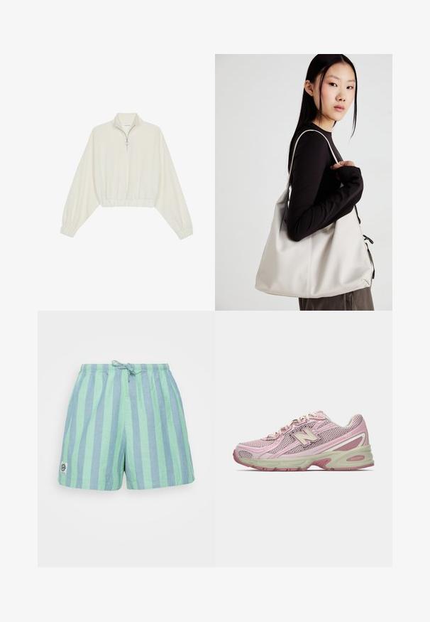 Sudadera cropped en tejido crema, con cuello alto, cierre de media cremallera, dobladillo y puños elásticos, con una textura suave y un diseño minimalista.; Pantalones cortos a rayas en verde menta y azul claro, con una cinturilla elástica y cordón ajustable, y una pequeña etiqueta con el logo en la parte inferior izquierda.; Zapatilla New Balance 740 en color rosa y beige con parte superior de malla y sintético, cierre con cordones y suela acolchada, mostrada en perfil lateral.; Bolso de mano beige hecho de material suave, con un diseño holgado, detalles cosidos y dos asas. Adecuado para uso diario.