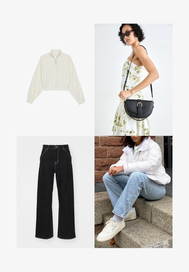 Krém színű, rövidített pulóver, magas gallérral, félig cipzáros záródással, elasztikus derék- és ujjakrésszel, sima textúrával és minimalista dizájnnal.; Fekete, széles szárú farmernadrág, kontrasztos fehér varrással és elülső gombos záródással, két ferde elülső zsebbel.; Fehér puffernadrág magas nyakkal, világoskék farmernadrág és fehér Reebok sportcipő. A háttérben textúrált kőlépcsők.; Fekete bőrtáska ívelt formával, levehető pánttal és arany színű fémrészekkel. A táskán egy csattal díszített fedél található.