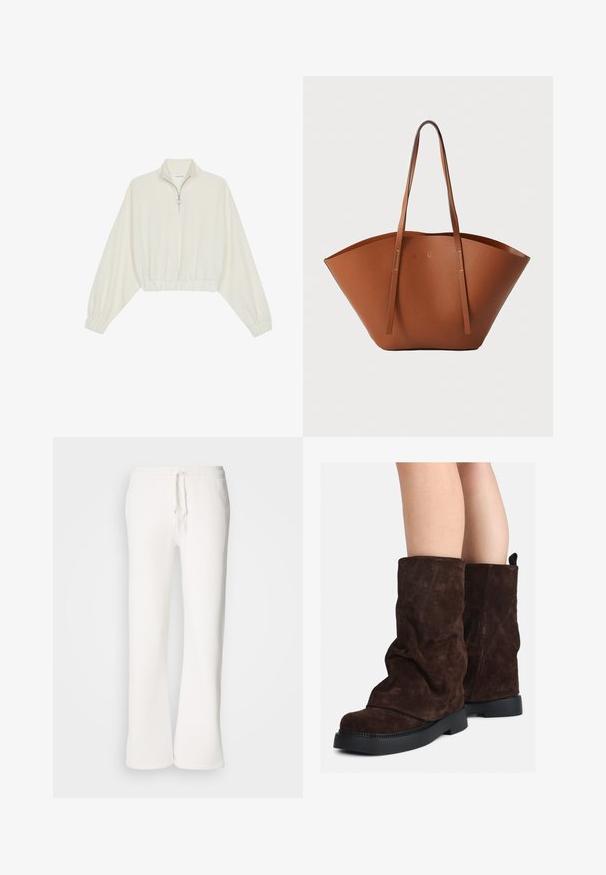 Kort genser i kremfarget stoff, med høy krage, halv glidelås, elastisk nederste kant og mansjetter, med en glatt tekstur og minimalistisk design.; Hvite, avslappede joggebukser laget av myk stoff, med elastisk liv med snor og rett ben-design.; Brune suedestøvler til midt på leggen med sorte gummisåler, båret på nakne legger, som viser lett rynking på støvelskaftene.; Brun skinn totebag med en bred, strukturert form, tynne håndtak og en teksturert overflate. Har et minimalistisk design uten synlige detaljer.