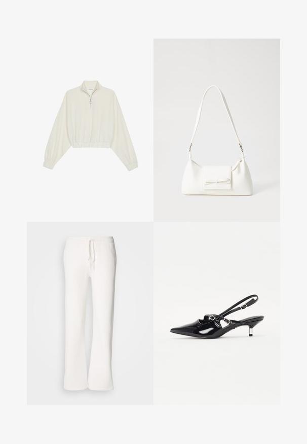 Kreemfarbenest lühikese varrukaga kudum, millel on kõrge kaelus, pool tõmblukk, elastne allosa ja varrukad, sile tekstuur ja minimaalne disain.; Valged, mugavad spordipüksid, mis on valmistatud pehmest kangast, elastse talje ja nööridega, sirgete jalgadega disainiga.; Mustad sünteetilisest nahast slingback kingad, terava nina, kitsas konts ja reguleeritav pandlahus üle jala. Sile tekstuur.; Valge sünteetilisest materjalist kott kolmnurkse kujuga, lame esiklapiga ja kaaredetailiga, reguleeritava rihmaga, sileda tekstuuriga ja minimalistliku disainiga.