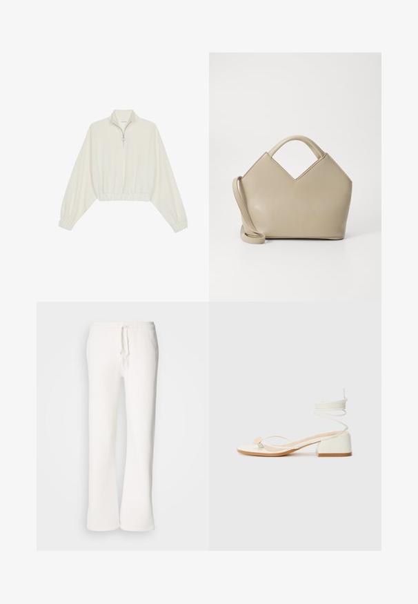 Pullover curto em tecido creme, apresentando um colarinho alto, fecho de meio zíper, bainha e punhos elásticos, com uma textura suave e design minimalista.; Calças de fato brancas, de corte descontraído, feitas de um tecido macio, com um cós elástico e um cordão de ajuste, apresentando um design de pernas retas.; Sandálias brancas de salto alto com um salto quadrado, tiras finas e um detalhe redondo. Apresentam uma sola texturizada e um detalhe de corda enrolada no tornozelo.; Bolsa estruturada bege com um topo em forma de V, material de couro liso, alças curtas e uma alça longa ajustável. Design minimalista.