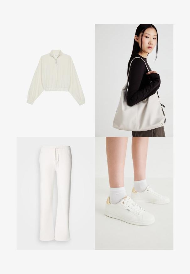 Krém színű, rövidített pulóver, magas gallérral, félig cipzáros záródással, elasztikus derék- és ujjakrésszel, sima textúrával és minimalista dizájnnal.; Fehér, laza szabású melegítőnadrág, puha anyagból készült, rugalmas derékkal és zsinórral, egyenes szárú kialakítással.; Fehér sportcipők sima felülettel, arany díszítéssel a sarkon, fűzős elülső résszel és minimalista dizájnnal. Fehér zoknikkal párosítva.; Puha anyagból készült bézs kézitáska, laza dizájnnal, varrott részletekkel és két vállpánttal. Mindennapi használatra alkalmas.