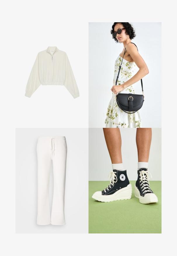 Pullover court en tissu crème, avec un col haut, fermeture éclair à mi-hauteur, ourlet et poignets élastiqués, offrant une texture lisse et un design minimaliste.; Pantalons de jogging blancs, à coupe décontractée, fabriqués en tissu doux, dotés d'une taille élastique avec cordon de serrage et d'une conception à jambe droite.; Baskets montantes noires avec une semelle plateforme blanche surélevée, dotées de lacets blancs et d'un logo arrondi sur le côté. Matériau en toile texturée.; Sac à main en cuir noir avec une forme courbée, bandoulière amovible et des accessoires en or. Le sac est doté d'un rabat avec un détail de boucle.