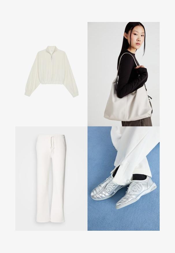 Pullover curto em tecido creme, apresentando um colarinho alto, fecho de meio zíper, bainha e punhos elásticos, com uma textura suave e design minimalista.; Calças de fato brancas, de corte descontraído, feitas de um tecido macio, com um cós elástico e um cordão de ajuste, apresentando um design de pernas retas.; Tênis atléticos prateados com um acabamento liso e brilhante, apresentando um design costurado e o número 90 na lateral, combinados com calças brancas.; Uma bolsa bege feita de material macio, com um design descontraído, detalhes de costura e duas alças para o ombro. Adequada para uso diário.