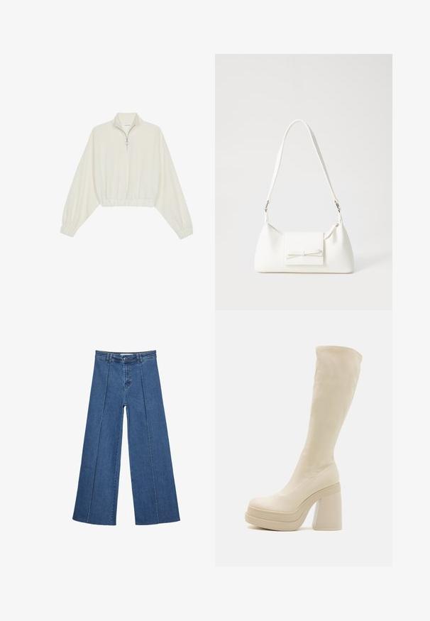 Kratka pulover v kremnem blagu, z visokim ovratnikom, pol-zadrgo, elastičnim robom in manšetami, z gladko teksturo in minimalističnim oblikovanjem.; Jeans širokih nogavic v srednji modri barvi, z visokim pasom, gumbom in kontrastnimi navpičnimi šivi spredaj.; Even&Odd Škornji z visoko peto - off-white; Bela sintetična torbica v obliki trikotnika, z ravnim sprednjim poklopcem in detajlom mašne, nastavljivim trakom, gladko teksturo in minimalističnim dizajnom.