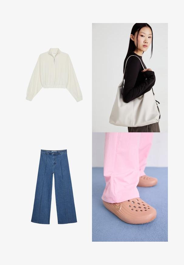 Avkortad tröja i krämfärgad tyg, med hög krage, halvdragkedja, elastisk nederkant och ärmar, med en slät yta och minimalistisk design.; Vidbenade denimjeans i medelblått, med hög midja, knäppning och kontrasterande vertikala sömdetaljer längst fram.; Nike-sandaler i tan plast med perforeringar, texturerade sidor och en gulddetalj av swoosh-logotypen. Bärs med rosa byxor på ett blått golv.; Beige handväska tillverkad av mjukt material, med en avslappnad design, sydda detaljer och två axelremmar. Lämplig för dagligt bruk.
