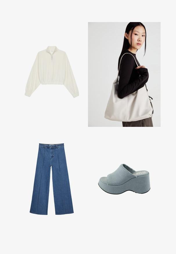 Kratka pulover v kremnem blagu, z visokim ovratnikom, pol-zadrgo, elastičnim robom in manšetami, z gladko teksturo in minimalističnim oblikovanjem.; Jeans širokih nogavic v srednji modri barvi, z visokim pasom, gumbom in kontrastnimi navpičnimi šivi spredaj.; Svijetloplave platforme s natikačama, s izdrijemljenim gornjim dijelom od tkanine, otvorenim prstima, debljim zaobljenim potplatom i teksturiranim sivim đonom.; Bežna torbica iz mehkega materiala, z ohlapno zasnovo, šivi in dvema naramnicama. Primerna za vsakodnevno uporabo.