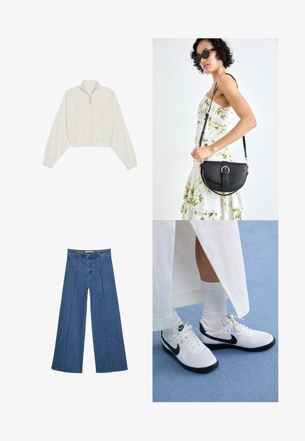 Zkrácený svetr z krémové látky, který má vysoký límec, poloviční zip, elastický spodní lem a manžety, hladkou texturu a minimalistický design.; Džíny s širokými nohavicemi v středně modré barvě, se zvýšeným pasem, knoflíkovým zapínáním a kontrastními vertikálními švy vpředu.; Bílé tenisky Nike s černými detaily, s hladkým koženým svrškem, bílými tkaničkami a pevnou gumovou podrážkou, doplněné bílými žebrovanými ponožkami.; Černá kožená kabelka s křivkovým tvarem, odnímatelným popruhem a zlatými detaily. Kabelka má klopu s přezkou.