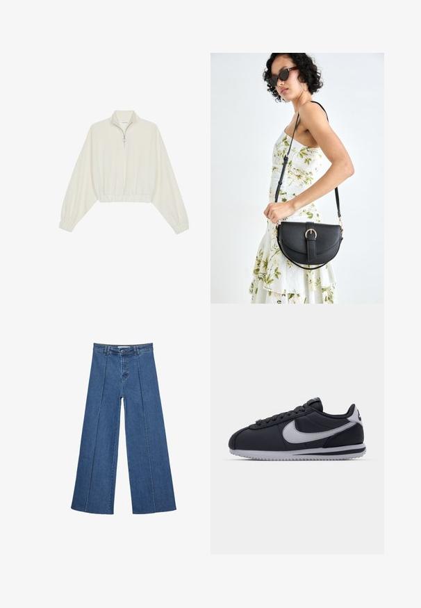 Zkrácený svetr z krémové látky, který má vysoký límec, poloviční zip, elastický spodní lem a manžety, hladkou texturu a minimalistický design.; Džíny s širokými nohavicemi v středně modré barvě, se zvýšeným pasem, knoflíkovým zapínáním a kontrastními vertikálními švy vpředu.; Černá sportovní bota s šedými akcenty, hladký syntetický svršek, strukturovaná podrážka, zakulacená špička a ploché tkaničky. Klasický design s detailem loga.; Černá kožená kabelka s křivkovým tvarem, odnímatelným popruhem a zlatými detaily. Kabelka má klopu s přezkou.