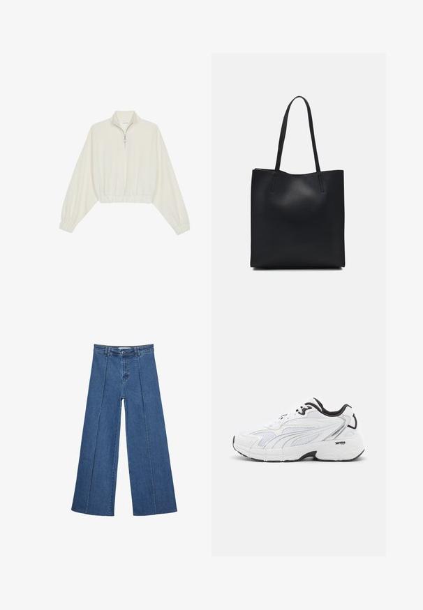 Cropped pullover in cream fabric, featuring a high collar, half-zip closure, elasticated hem and cuffs, with a smooth texture and minimal design.; Wide-leg denim jeans in medium blue, featuring a high waist, button closure, and contrasting vertical seam details along the front.; White athletic sneaker featuring a mesh upper, black accents, textured paneling, and a cushioned sole for comfort and support.; Black leather tote bag with smooth texture, rectangular shape, and two long handles. No visible hardware or embellishments.