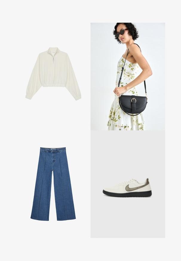 Zkrátený pulover z krémového materiálu, s vysokým golierom, polovičným zipsom, elastickým lemom a manžetami, s hladkou textúrou a minimalistickým dizajnom.; Rovné džínsy s širokými nohavicami v strednom modrom odtieni, so zvýšeným pásom, zapínaním na gombík a kontrastnými vertikálnymi švami pozdĺž prednej strany.; Nike Sportswear FIELD GENERAL - Tenisky - off-white/black; Čierna kožená kabelka s zaobleným tvarom, odnímateľným popruhom a zlatými doplnkami. Kabelka má klopu s detailom s prackou.