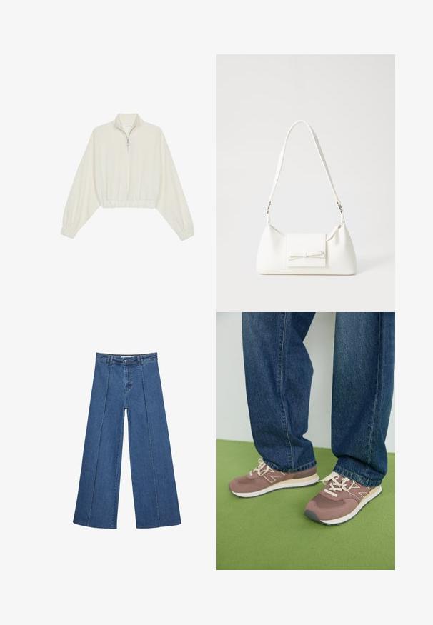 Skórzany pulower w kolorze kremowym, z wysokim kołnierzem, półzamkiem, elastycznym wykończeniem u dołu i mankietami, o gładkiej teksturze i minimalistycznym designie.; Jeans typu wide-leg w średnim niebieskim kolorze, z wysokim stanem, zapięciem na guziki oraz kontrastowymi szwami pionowymi z przodu.; Brązowe i mauve sportowe buty z białymi sznurówkami i beżową podeszwą. Ubrane z niebieskimi dżinsami na tle zielonej powierzchni.; Biała syntetyczna torba o trójkątnym kształcie, płaskim przednim klapce i detalach w postaci kokardy, regulowanym pasku, gładkiej fakturze oraz minimalistycznym designie.