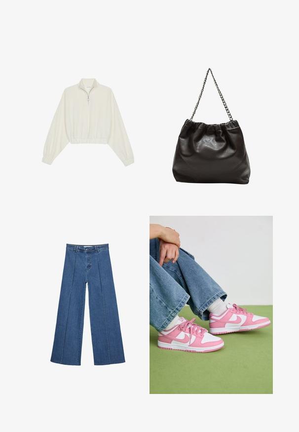 Gerippter Pullover aus cremefarbener Baumwolle mit hohem Kragen, halbem Reißverschluss, elastischen Säumen und Bündchen, glatter Textur und minimalistischem Design.; Weite Jeans aus Denim in Mittelblau, mit hoher Taille, Knopfverschluss und kontrastierenden vertikalen Nahtdetails an der Vorderseite.; Rosa und weiße Nike-Sneaker aus Leder und Mesh-Materialien, mit kontrastierenden Designs, runder Zehenpartie und passenden rosa Schnürsenkeln und Akzenten.; Braune Lederhandtasche mit gerafftem Oberteil und Kettenriemen. Glatte Textur mit glänzendem Finish und subtilen Nahtdetails an den Seiten.