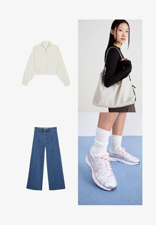 Skraćeni pulover od kremastog materijala, s visokim ovratnikom, zatvaranjem na polovicu munje, elastičnim rubom i manžetama, s glatkom teksturom i minimalnim dizajnom.; Široke traperice u srednje plavoj boji, s visokim strukom, zatvaranjem na dugme i kontrastnim vertikalnim šavovima duž prednje strane.; Nike trkaće tenisice s gornjim dijelom od srebrne mreže s ružičastim detaljima, bijelim vezicama i teksturiranom potplatom. Nosene s bijelim pamukom sportskim čarapama.; Bežna torba od mekog materijala s opuštenim dizajnom, šivanim detaljima i dva remena za rame. Pogodna za svakodnevnu upotrebu.