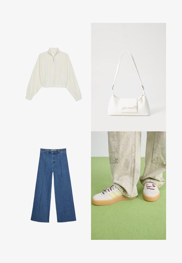Gerippter Pullover aus cremefarbener Baumwolle mit hohem Kragen, halbem Reißverschluss, elastischen Säumen und Bündchen, glatter Textur und minimalistischem Design.; Weite Jeans aus Denim in Mittelblau, mit hoher Taille, Knopfverschluss und kontrastierenden vertikalen Nahtdetails an der Vorderseite.; Die Sneakers haben ein Obermaterial aus hellgrauem Wildleder, drei gelbe Streifen und mehrfarbige Schnürsenkel. Gummisohle für guten Halt. Getragen mit hellkhakifarbenen Hosen.; Weiße synthetische Handtasche in dreieckiger Form, flache Vorderklappe und Schleifendetail, verstellbarer Trageriemen, glatte Textur und minimalistisches Design.