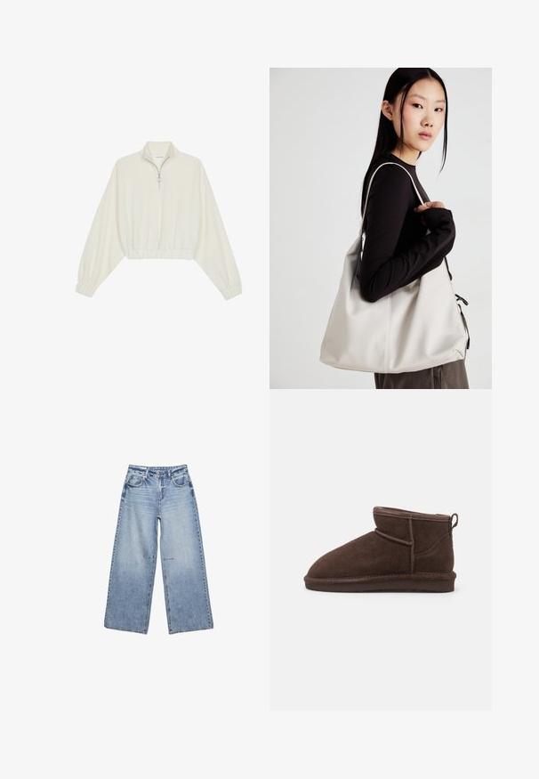 Pullover accorciato in tessuto crema, con colletto alto, chiusura a zip parziale, orlo e polsini elasticizzati, dalla texture liscia e design minimal.; Jeans larghi azzurri realizzati in denim, con vita alta, cinque tasche e un leggero sbiadimento, dotati di orli grezzi.; Bianco BIASNOW - Tronchetti - dark brown; Borsa a mano beige realizzata in materiale morbido, caratterizzata da un design morbido, dettagli cuciti e due manici. Adatta per l'uso quotidiano.