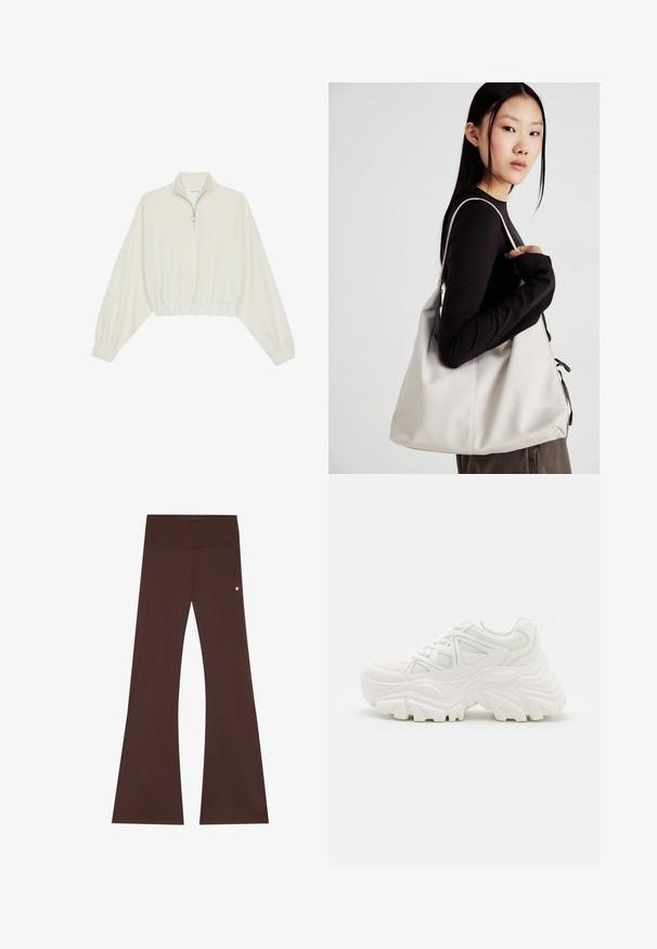 Kreemfarbenest lühikese varrukaga kudum, millel on kõrge kaelus, pool tõmblukk, elastne allosa ja varrukad, sile tekstuur ja minimaalne disain.; Kohvased laiad püksid pehmest kangast, millel on lai vöökoht, sile tekstuur ja väike logo aksent külgedel.; Valged jämedad sneakers, millel on tekstureeritud ülemine osa, võrgusilma paneelid ja paksud kummist tallad, millel on silmapaistev mustrimuster. Paelad ja tõmbeosa on kaasa arvatud.; Bež käekott pehme materjali, millel on lõtv disain, õmblustega detailid ja kaks õlarihma. Sobib igapäevaseks kasutamiseks.
