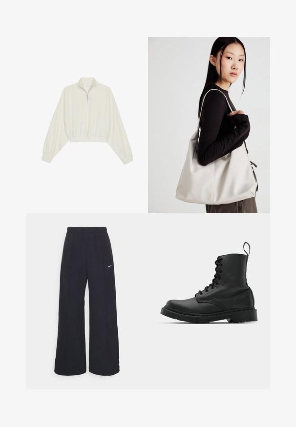 Krém színű, rövidített pulóver, magas gallérral, félig cipzáros záródással, elasztikus derék- és ujjakrésszel, sima textúrával és minimalista dizájnnal.; Fekete, bő szárú nadrág rugalmas derékpánttal és egy kis fehér Nike logóval. Anyaga sima tapintású, kényelmes és mindennapi viseletre lett tervezve.; Fekete bőr harci csizma, kerek orral, fűzős elülső résszel és húzófüllel a bokánál. Vastag gumitalp jellemzi, amely tartósságot biztosít.; Puha anyagból készült bézs kézitáska, laza dizájnnal, varrott részletekkel és két vállpánttal. Mindennapi használatra alkalmas.