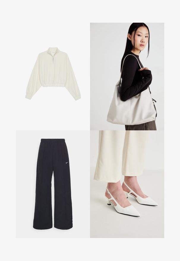Kreemfarbenest lühikese varrukaga kudum, millel on kõrge kaelus, pool tõmblukk, elastne allosa ja varrukad, sile tekstuur ja minimaalne disain.; Mustad laiad mustad püksid, millel on elastne vöökoht ja väike valge Nike logo. Kanga tekstuur on sile, disainitud mugavuseks ja igapäevaseks kandmiseks.; Valged teravatoelised slingback kontsad madala plokkninaga. Omavad lõhestatud külgpaneele ja reguleeritavat pahkluu rihma, et tagada kindel istuvus.; Bež käekott pehme materjali, millel on lõtv disain, õmblustega detailid ja kaks õlarihma. Sobib igapäevaseks kasutamiseks.