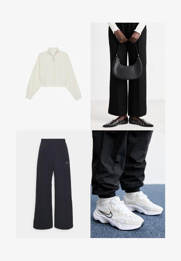 Gerippter Pullover aus cremefarbener Baumwolle mit hohem Kragen, halbem Reißverschluss, elastischen Säumen und Bündchen, glatter Textur und minimalistischem Design.; Schwarze weit geschnittene Hosen mit einem elastischen Bund und einem kleinen weißen Nike-Logo. Der Stoff hat eine glatte Textur und ist für Komfort und lässiges Tragen konzipiert.; Weiße und hellgraue SportSneaker mit einer strukturierten Oberseite, dicke Sohle und schwarzem Swoosh-Logo. Getragen mit schwarzen Jogginghosen und weißen Socken.; Schwarze Leder-Schultertasche mit runder Form, glänzender Oberfläche und silbernem Beschlag. Person trägt schwarze weit geschnittene Hosen und Nieten-Loafers.