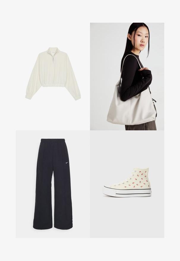 Sudadera cropped en tejido crema, con cuello alto, cierre de media cremallera, dobladillo y puños elásticos, con una textura suave y un diseño minimalista.; Pantalones de pierna ancha negros con una cintura elástica y un pequeño logo blanco de Nike. La tela tiene una textura suave, diseñada para la comodidad y el uso casual.; Zapatillas altas de lona amarilla, con un patrón de pequeñas fresas rojas, cordones blancos y una suela blanca con rayas negras.; Bolso de mano beige hecho de material suave, con un diseño holgado, detalles cosidos y dos asas. Adecuado para uso diario.