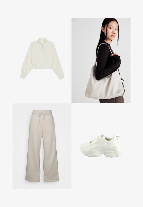 Skórzany pulower w kolorze kremowym, z wysokim kołnierzem, półzamkiem, elastycznym wykończeniem u dołu i mankietami, o gładkiej teksturze i minimalistycznym designie.; Beżowe, szerokie spodnie dresowe wykonane z miękkiego materiału, z elastycznym pasem i małym białym logo po lewej stronie.; Białe sneakersy z chunky designem, gładkim syntetycznym wierzchem, wyściełanym kołnierzem oraz teksturowaną gumową podeszwą w diamentowy wzór.; Beżowa torebka wykonana z miękkiego materiału, charakteryzująca się luźnym fasonem, wyszywanymi detalami i dwoma uchwytami na ramię. Idealna na co dzień.
