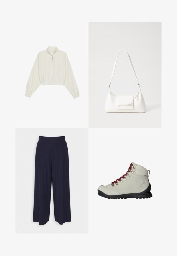 Gerippter Pullover aus cremefarbener Baumwolle mit hohem Kragen, halbem Reißverschluss, elastischen Säumen und Bündchen, glatter Textur und minimalistischem Design.; Weit geschnittene Hosen aus dunkelnavy Stoff mit strukturiertem Rippendesign. Merkmale sind ein glatter Hosenbund und eine luftige Silhouette, die bis zur Mitte der Wade reicht.; Beige Wanderschuh mit roten Schnürsenkeln, Metallösen und strukturiertem Obermaterial. Besitzt eine robuste schwarze Sohle und ein auffälliges Logo-Detail an der Seite.; Weiße synthetische Handtasche in dreieckiger Form, flache Vorderklappe und Schleifendetail, verstellbarer Trageriemen, glatte Textur und minimalistisches Design.