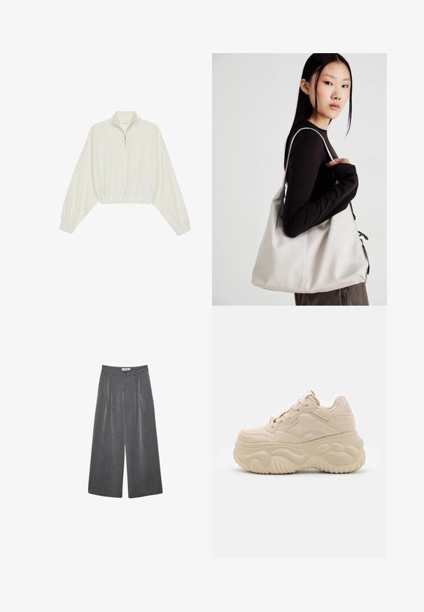 Zkrátený pulover z krémového materiálu, s vysokým golierom, polovičným zipsom, elastickým lemom a manžetami, s hladkou textúrou a minimalistickým dizajnom.; Záhybové nohavice s širokými nohavicami v tmavosivej látke s jemnou štruktúrou. Obsahujú zapínanie na gombík a klasický dizajn pásu.; Béžové platformové tenisky s hladkým koženým vrchom, zaoblenou špičkou a textúrovanou gumovou podrážkou s vlnkovými vzormi a logom.; Béžová kabelka vyrobená z mäkkého materiálu, s uvoľneným dizajnom, prišitými detailmi a dvoma popruhmi na nosenie na pleciach. Vhodná na každodenné nosenie.
