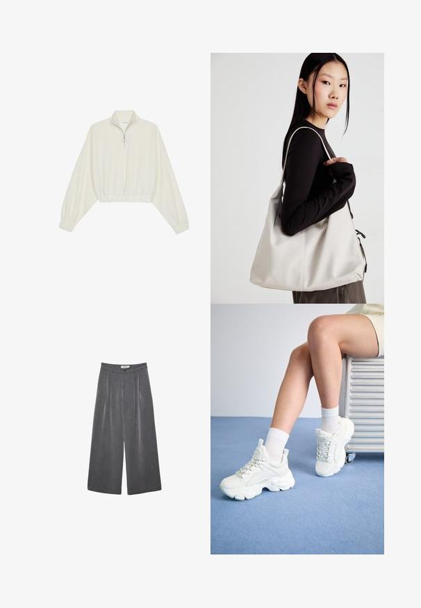 Cropped pullover in cream fabric, featuring a high collar, half-zip closure, elasticated hem and cuffs, with a smooth texture and minimal design.; Pleated wide-leg trousers in a dark gray fabric with a subtle texture. Features a button closure and a classic waistband design.; White lace-up sneakers with a chunky sole, featuring smooth synthetic material, textured accents, and a pull tab on the heel.; Beige handbag made of soft material, featuring a slouchy design, stitched detailing, and two shoulder straps. Suitable for everyday use.
