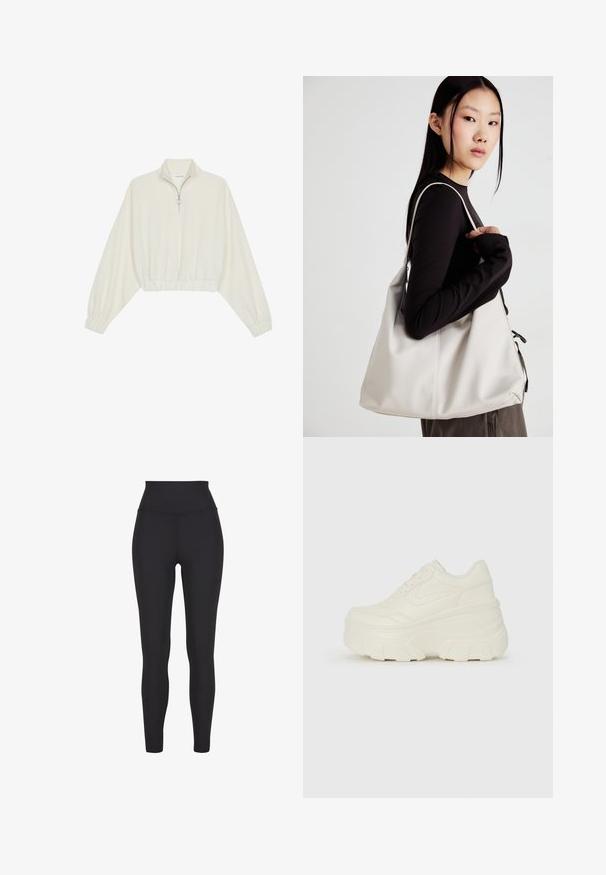 Skórzany pulower w kolorze kremowym, z wysokim kołnierzem, półzamkiem, elastycznym wykończeniem u dołu i mankietami, o gładkiej teksturze i minimalistycznym designie.; Czarne legginsy z wysokim stanem, wykonane z elastycznego materiału, o gładkiej fakturze i dopasowanym kroju bez widocznych szwów czy wzorów.; Białe sneakersy na platformie z gładkim, skórzano przypominającym wierzchem, zaokrąglonym kształtem, wyściełanym kołnierzem oraz teksturowaną gumową podeszwą z wyraźnym bieżnikiem.; Beżowa torebka wykonana z miękkiego materiału, charakteryzująca się luźnym fasonem, wyszywanymi detalami i dwoma uchwytami na ramię. Idealna na co dzień.