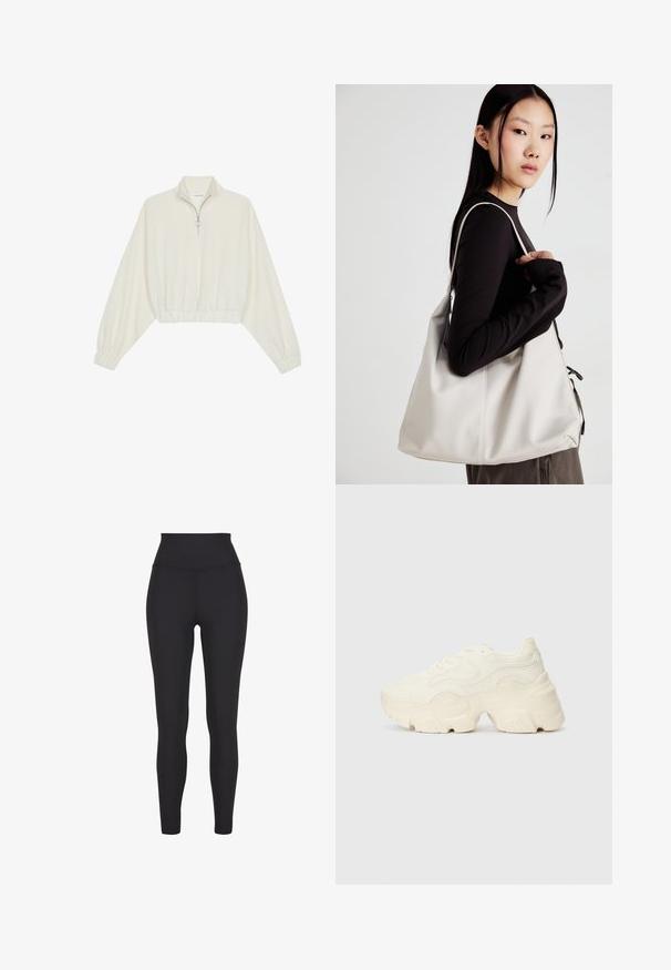 Kreemfarbenest lühikese varrukaga kudum, millel on kõrge kaelus, pool tõmblukk, elastne allosa ja varrukad, sile tekstuur ja minimaalne disain.; Kõrge vöökohaga mustad leggingud, mis on valmistatud venivast materjalist, omavad siledat tekstuuri ja keha lähedast disaini, ilma nähtavate õmbluste või mustriteta.; Paksud valged tennised, mis on valmistatud tekstureeritud võrgu- ja sünteetilistest materjalidest, pakuvad paksu tallaga ja keerukat mustrit külgedel.; Bež käekott pehme materjali, millel on lõtv disain, õmblustega detailid ja kaks õlarihma. Sobib igapäevaseks kasutamiseks.