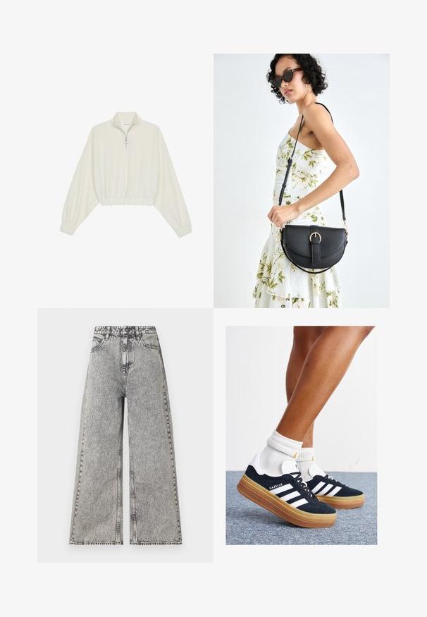 Kreminės spalvos trumpas megztinis, turintis aukštą apykaklę, pusiau užtrauktuką, elastinį apačią irRankovių kraštus, su lygiu paviršiumi ir minimalizuotu dizainu.; Platus džinsai iš nublukusios juodos džinsinės medžiagos, turintys aukštą liemenį, klasiką penkių kišenių dizainą ir matomas siuvimo detales.; Juodi zomšiniai sportbačiai su baltais dryžiais ir akcentais, apvalios nosies, guminio, gumos pado, derinami su baltais raitytais vidutinio ilgio kojinaitėmis.; Juodas odinis krepšys su išlenkta forma, nuimamu dirželiu ir auksiniais detalėmis. Krepšys turi kilpą su sagtimi.