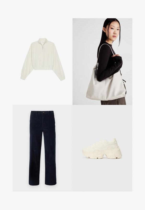 Pullover court en tissu crème, avec un col haut, fermeture éclair à mi-hauteur, ourlet et poignets élastiqués, offrant une texture lisse et un design minimaliste.; Pantalons en velours côtelé marine à jambes droites, avec une fermeture à bouton et un tissu texturé. Aucun motif ou accent visible.; Baskets blanches chunky en maille texturée et matériaux synthétiques, avec une semelle épaisse et des détails en motif complexes sur les côtés.; Sac à main beige en matériau souple, avec un design décontracté, des détails cousus et deux poignées. Idéal pour un usage quotidien.