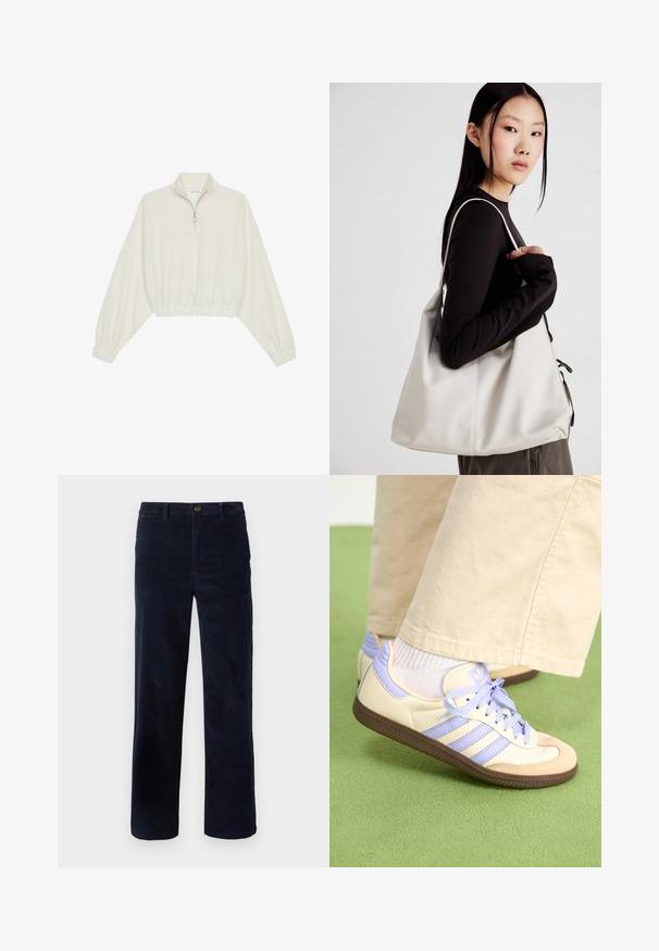 Cropped pullover in cream fabric, featuring a high collar, half-zip closure, elasticated hem and cuffs, with a smooth texture and minimal design.; Navy corduroy pants with straight legs, featuring a button closure and textured fabric. No visible patterns or accents.; Cream and lavender sneakers with three stripes and a textured brown sole, featuring laces and a padded heel. Soft fabric upper.; Beige handbag made of soft material, featuring a slouchy design, stitched detailing, and two shoulder straps. Suitable for everyday use.
