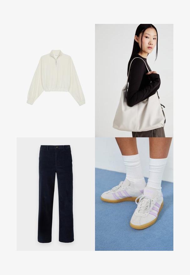 Zkrátený pulover z krémového materiálu, s vysokým golierom, polovičným zipsom, elastickým lemom a manžetami, s hladkou textúrou a minimalistickým dizajnom.; Námornícky zamatové nohavice s rovnými nohavicami, s gombíkovým zapínaním a textúrovanou tkaninou. Bez viditeľných vzorov alebo akcentov.; Svetlo šedé semišové tenisky s tromi fialovými pruhmi, gumenou podrážkou, plochými šnúrkami a bielymi rebrovanými ponožkami. Na modrom pozadí.; Béžová kabelka vyrobená z mäkkého materiálu, s uvoľneným dizajnom, prišitými detailmi a dvoma popruhmi na nosenie na pleciach. Vhodná na každodenné nosenie.