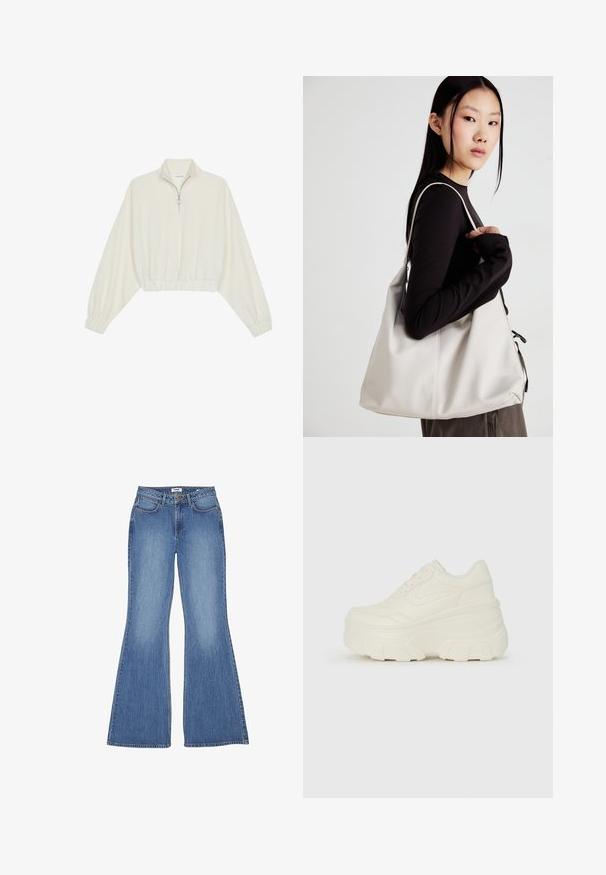 Cropped pullover in cream fabric, featuring a high collar, half-zip closure, elasticated hem and cuffs, with a smooth texture and minimal design.; Flared blue denim jeans with a high waist, five pockets, and contrast stitching; smooth texture and classic wash.; White platform sneakers featuring a smooth leather-like upper, rounded shape, padded collar, and textured rubber sole with defined treads.; Beige handbag made of soft material, featuring a slouchy design, stitched detailing, and two shoulder straps. Suitable for everyday use.