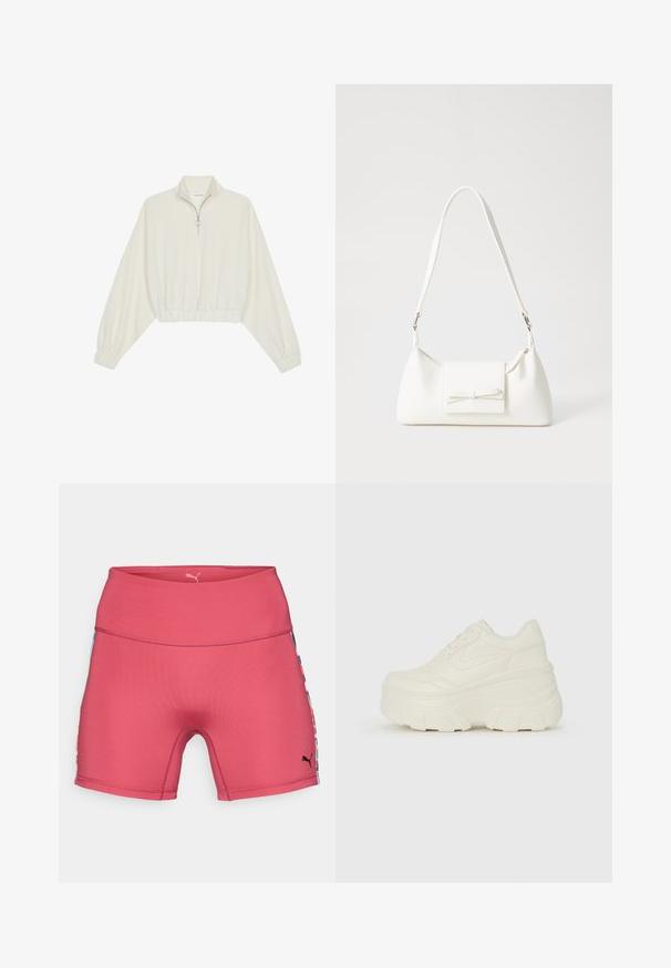 Zkrácený svetr z krémové látky, který má vysoký límec, poloviční zip, elastický spodní lem a manžety, hladkou texturu a minimalistický design.; Růžové sportovní šortky s vysokým pasem, s barevně vzorovanými bočními panely a černým logem v dolním pravém rohu.; Bílé platformové tenisky s hladkým svrškem podobným kůži, zaobleným tvarem, polstrovaným límcem a texturovanou gumovou podrážkou s vyznačenými vzory.; Bílá syntetická kabelka v trojúhelníkovém tvaru, s plochým předním klopným víkem a detailem mašle, nastavitelným popruhem, hladkým povrchem a minimalistickým designem.