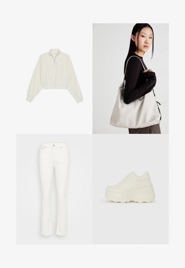Pullover curto em tecido creme, apresentando um colarinho alto, fecho de meio zíper, bainha e punhos elásticos, com uma textura suave e design minimalista.; Jeans de ganga brancos de perna larga com uma cintura média, fecho frontal por botão e detalhes de costura mínimos, oferecendo uma textura suave.; Tênis brancos de plataforma com um cabedal suave semelhante a couro, formato arredondado, colarinho acolchoado e sola de borracha texturizada com ranhuras bem definidas.; Uma bolsa bege feita de material macio, com um design descontraído, detalhes de costura e duas alças para o ombro. Adequada para uso diário.